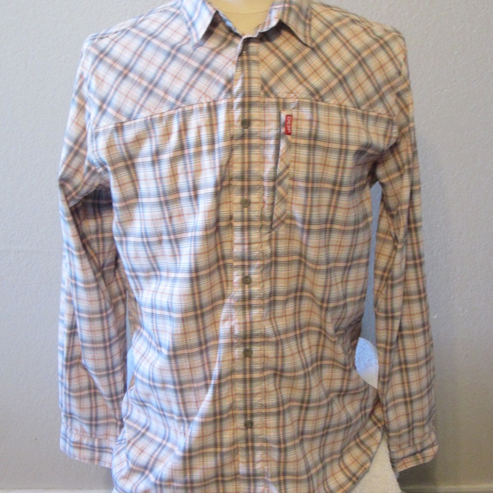 DEEP Men's Long Sleeve Orange/Gray Plaid Button Down Microfiber Casual Shirt